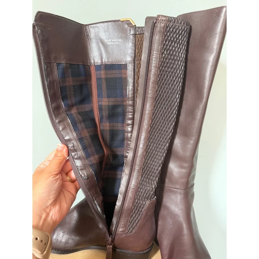 Cole Haan Rockland Brown Leather Woven Stretch Back Tall Riding Boots Size 6